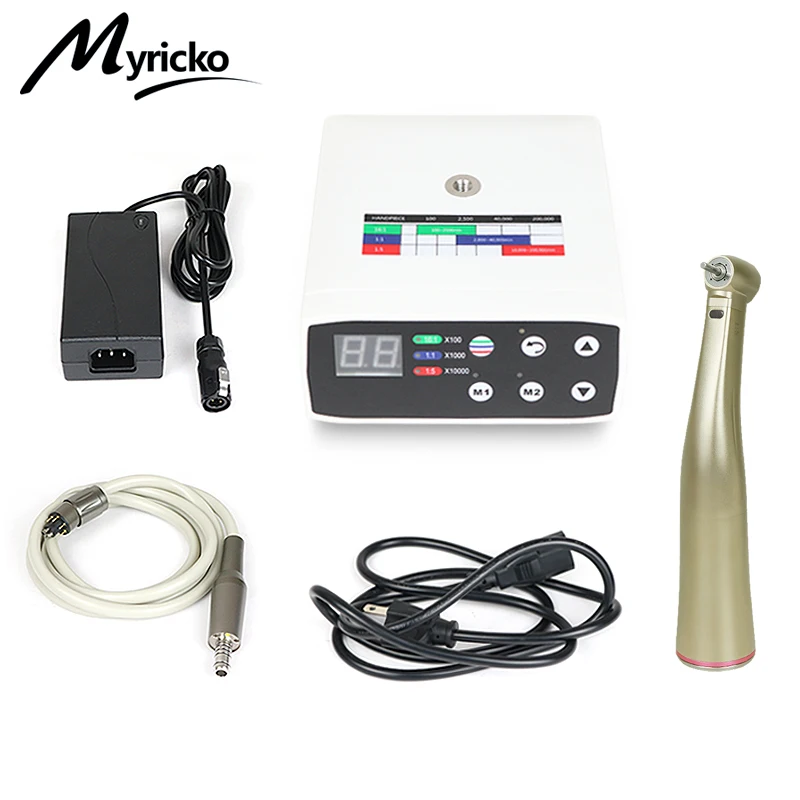 Myricko 1:5/1:1 Fiber Optic LED Dental Handpiece Against Contra Angle 4 Water Spray Push Button Red/Blue Rings Dentistry Tools