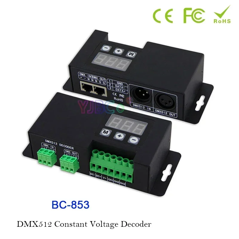 

Bincolor 12V-24V CV PWM DMX512/1990 Signal Decoder BC-853 DMX RGB LED Strip Controller 6A*3CH Output Dimmer For RGB Lights Tape