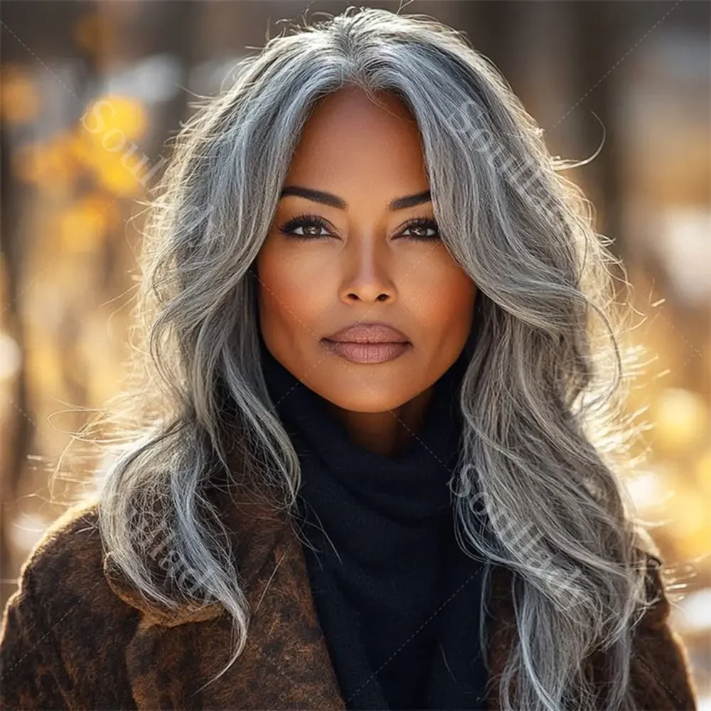 

Soul Lady Silver Luxe Gray Body Wave 13x4 HD Lace Full Frontal Wig Human Hair Salt And Pepper Wig For Women 50s