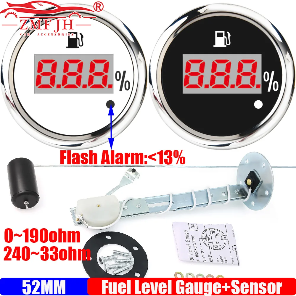 

ZMFJH 0~100% Digital 52MM Fuel Level Gauge with Oil Float Sensor 0-190ohm,240-33ohm Fuel Gauge with Alarm for Car Boat Yacht