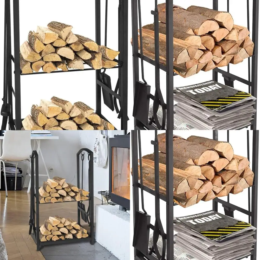 

Black Wrought Iron Firewood Holder - Log Rack Set with Tools for Fireplace, 17.8x11.8x29.3