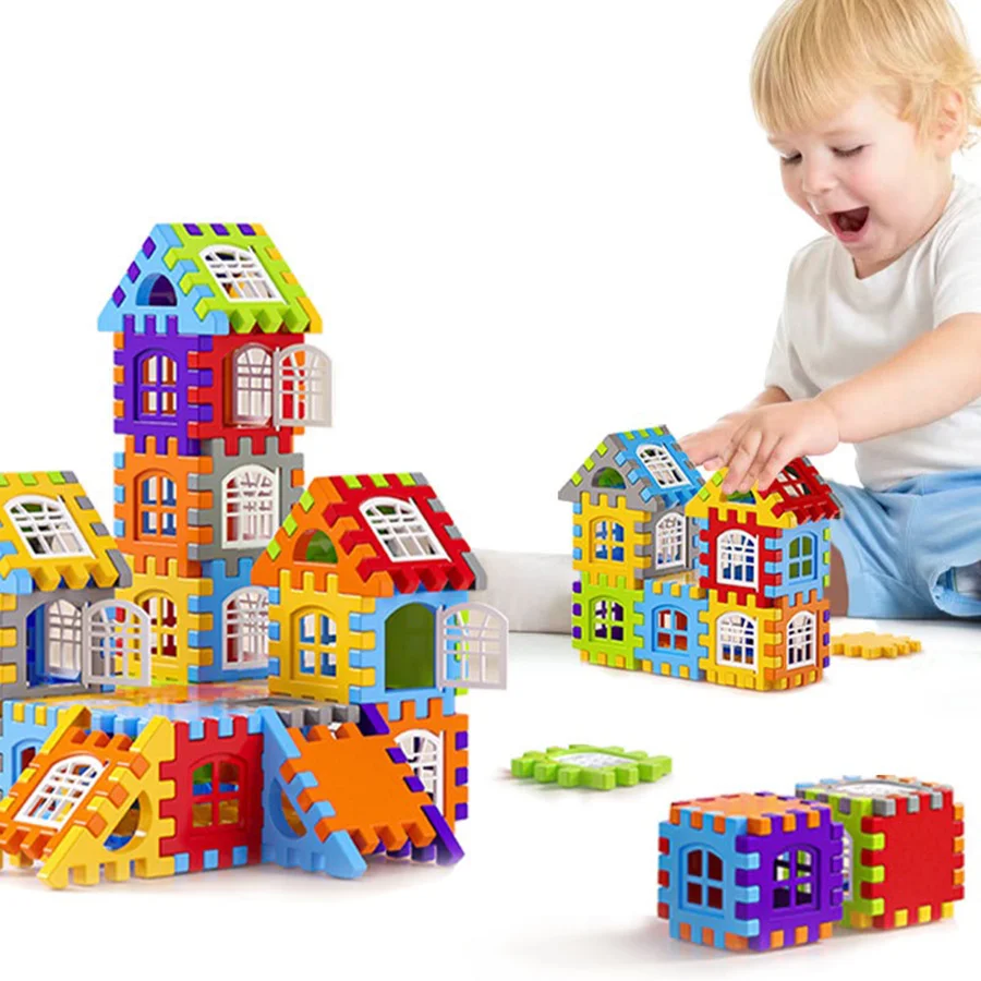 Bouw de bouwsteenpuzzel van het huis. Gratis doe-het-zelf. Kleuterschoolspeelgoed. Educatief speelgoed voor kinderen. Cadeaus voor kinderen