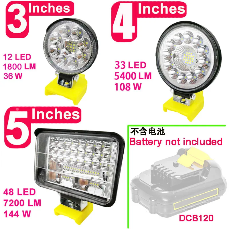 lanternas led eletricas para carro luzes de trabalho tocha holofote para dewalt 108v 12v bateria li ion dcb120 dcb121 dcb125 01