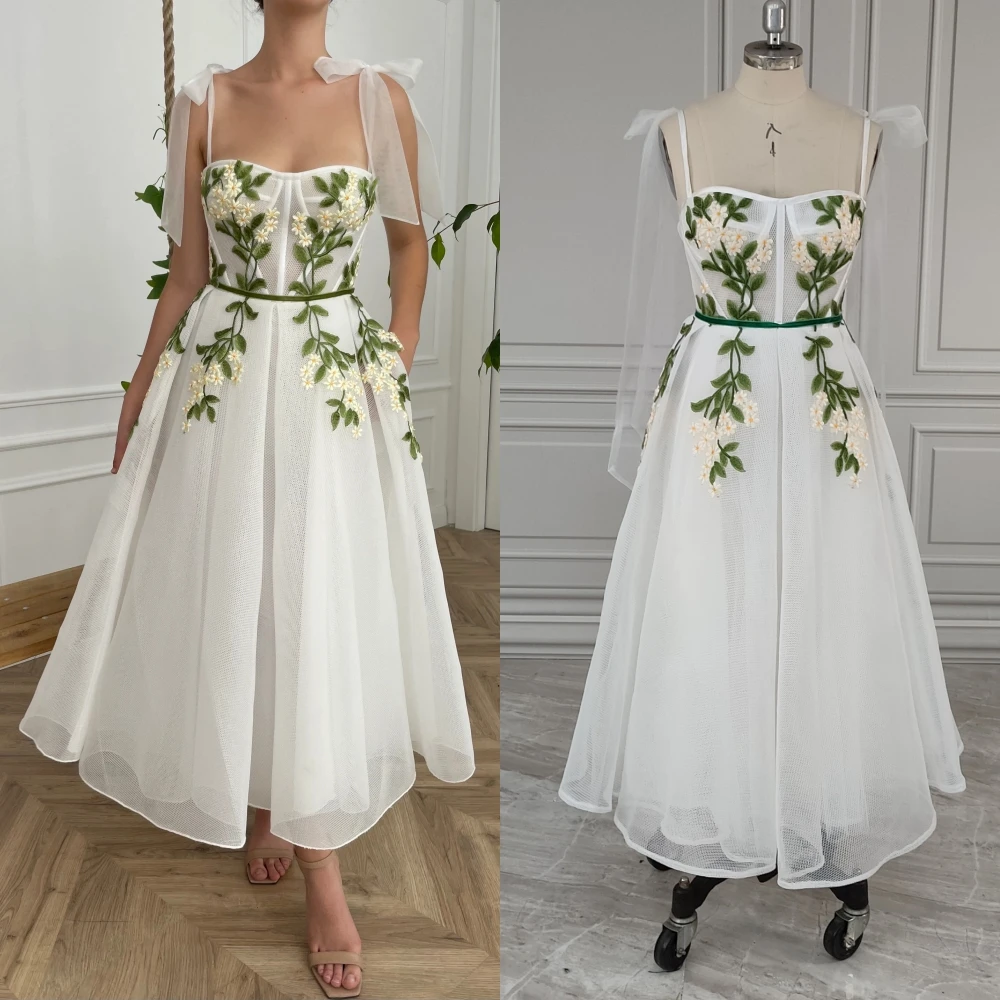 

10247# Real Photos Spaghetti Straps Embroidery Flowers Leaf Tulle A-line Tea Length Wedding Party Evening Dress Women Prom Gown