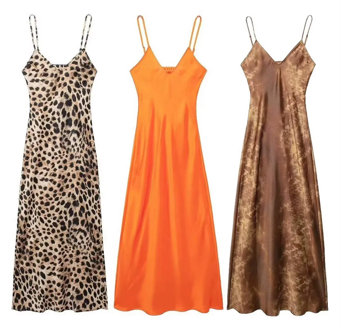 Tangada 2023 Women Leopard Backless Satin Dress Sleeveless Sexy Ladies Maxi Dress 3H0565