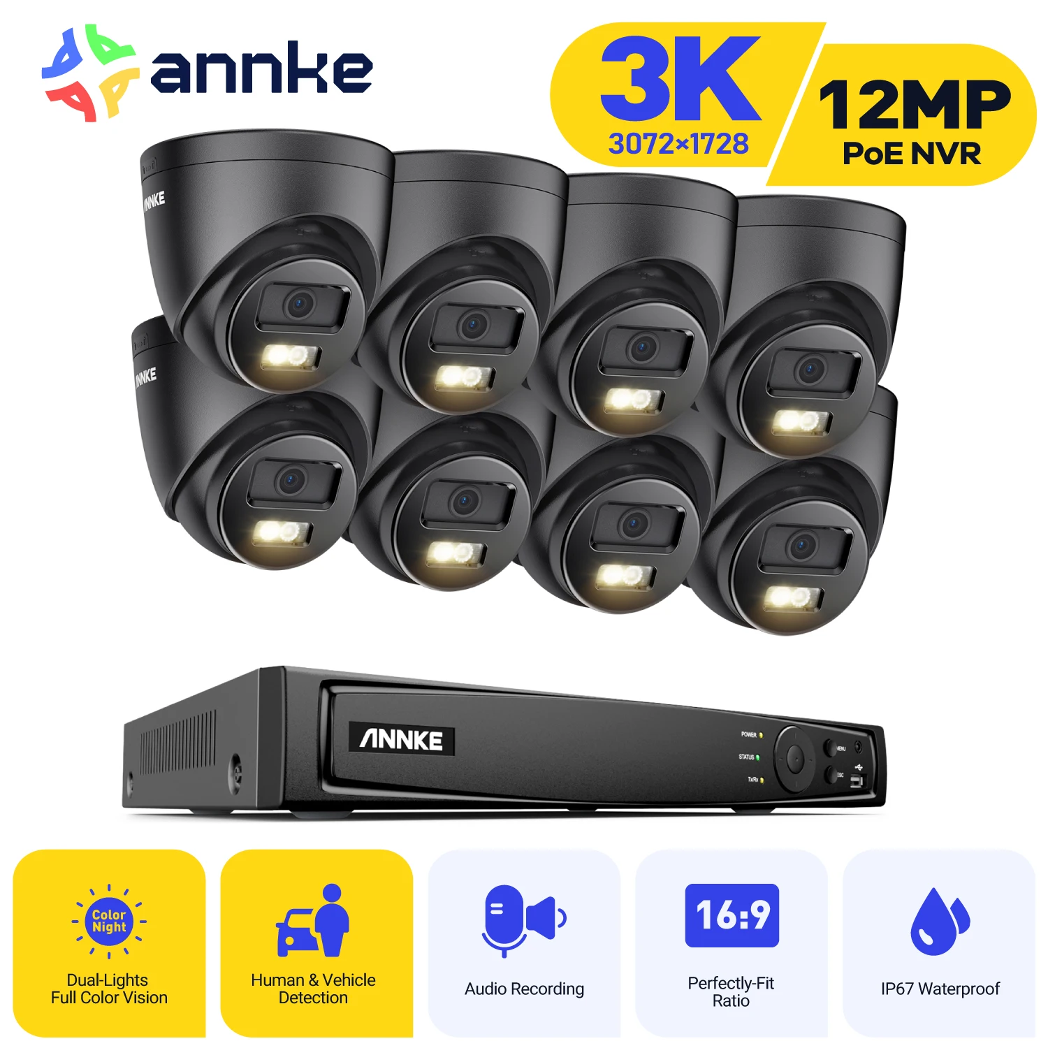 ANNKE 3K PoE Home Surveillance Cameras System, H.265+ Color Night Vision Motion Detection CCTV Security Protection Cameras