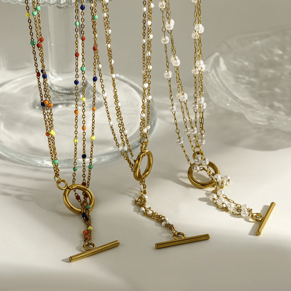 

Women's Gold Plated Stainless Steel Necklace with Imitation Pearl OT Clasp Oil Drop Double Cable Chain Necklaces Jewelry Gifts