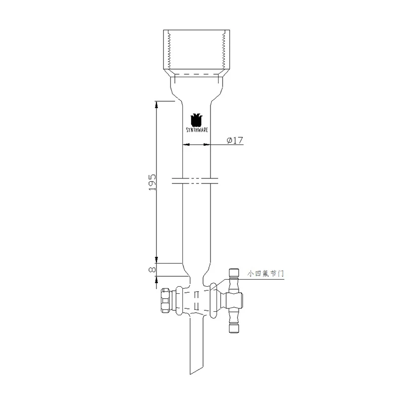 SYNTHWARE Chromatographic column with 25# PTFE internal thread, No sand core, 2mm PTFE aperture valve, Borosilicate glass, C43