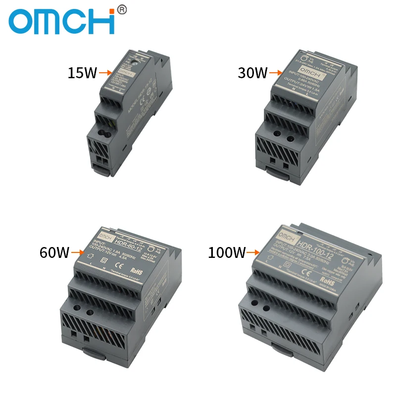 OMCH HDR 시리즈 DIN 레일 스위칭 전원 공급 장치 HDR-15 100-240VAC 15W 30W 60W 100W AC-DC 전압 5V 12V 24V 48V 0-7.1A SMPS