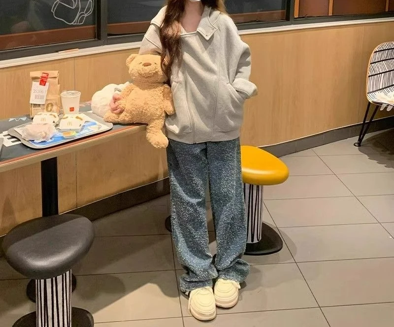 2025 Spring and Autumn Double Zipper Cardigan Hoodie with Thick Velvet Design