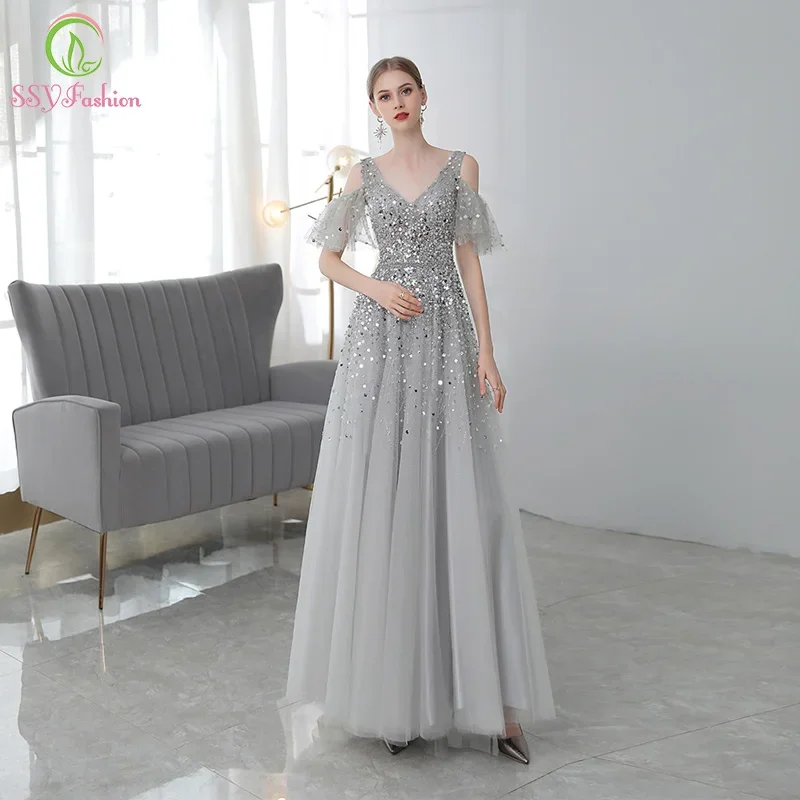 Customized  Luxury Sequins Evening Dress Sexy V-neck Floor-length Beading Party Elegant Long Formal Prom Gowns for Women