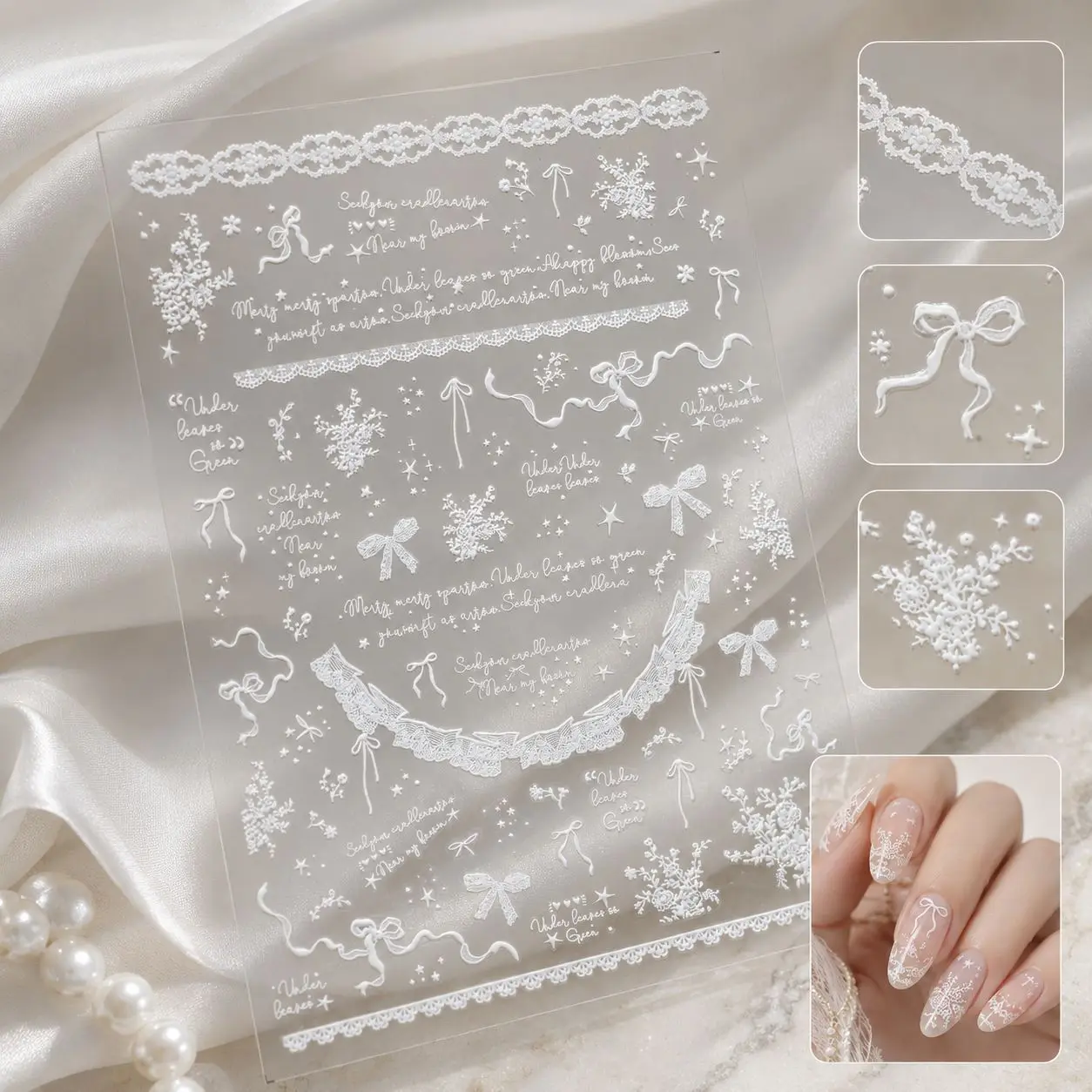 5D Garden Lace Nail Stickers Embossed Nail Art Stickers Romantic Ballet Style Black White Lace Bow Self-adhesive Nail Decoration