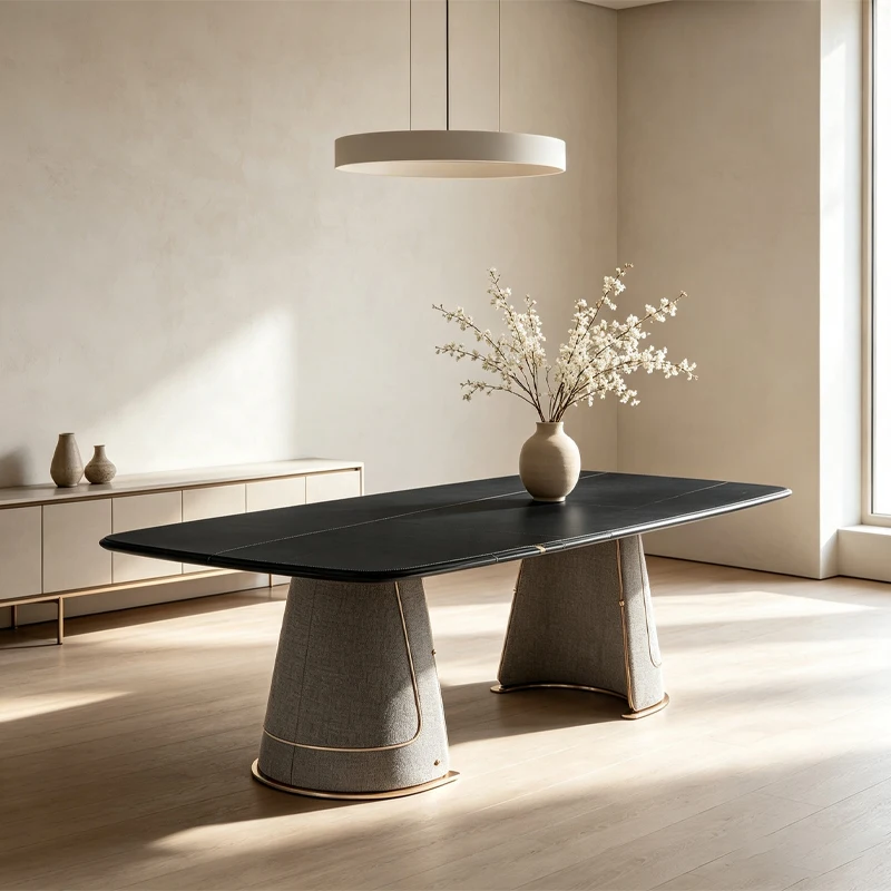 8-Seat dining table, black sintered stone countertop, double-slot leather cover, base, luxury modern style family dining table