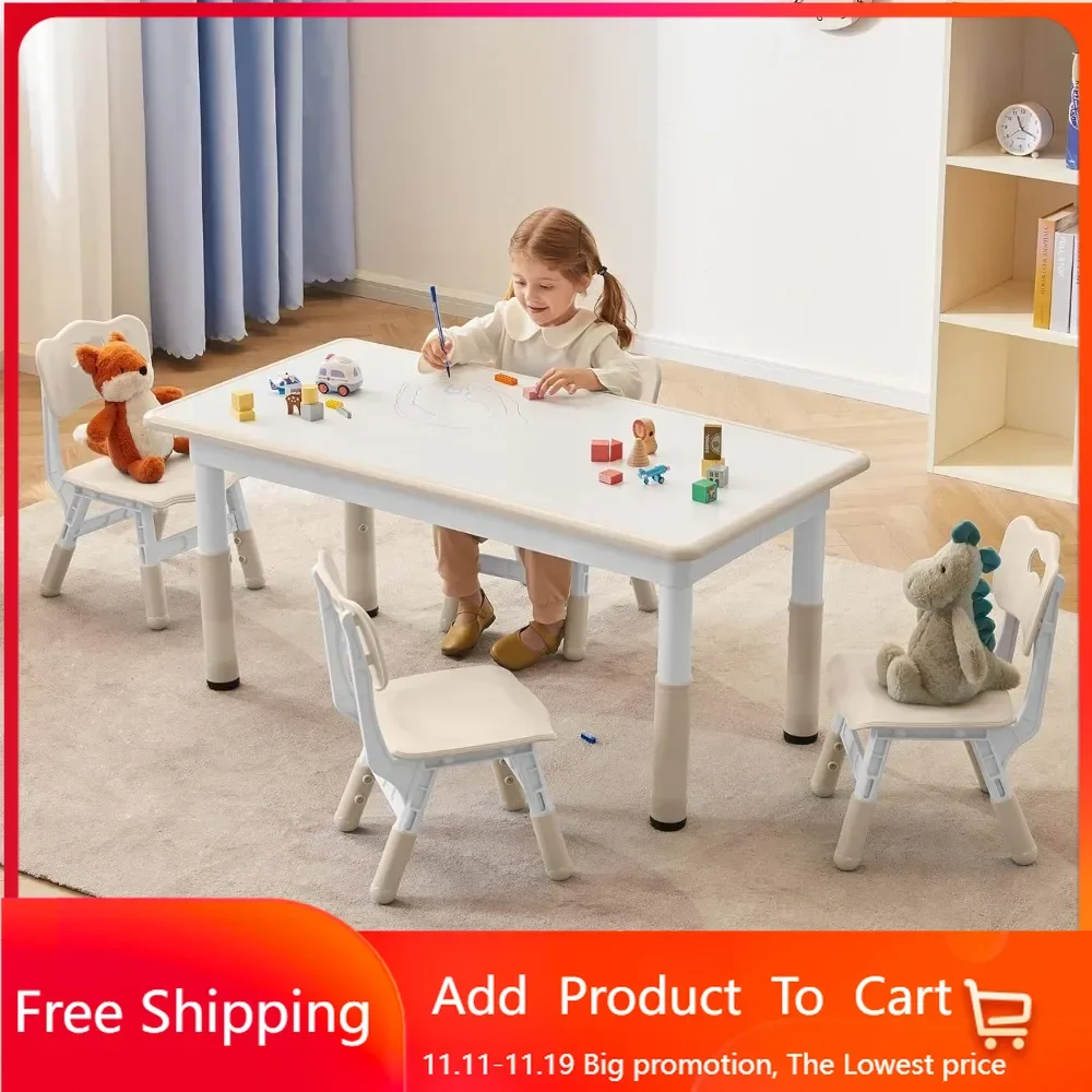 Toddler Table and Chairs Set for 4, 47.2\'\'L x 23.6\'\'W Kids Study Table and Chair Set, Height-Adjustable, Graffiti Desktop