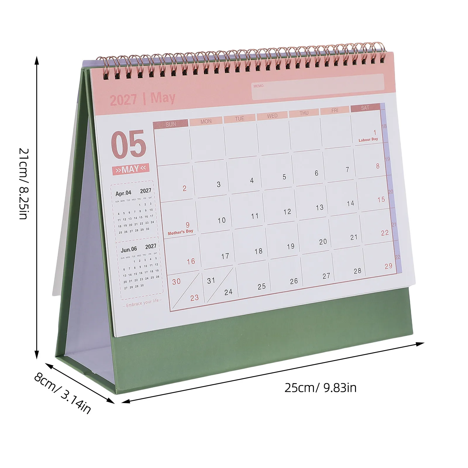 Desk Calendar Spiral Bound 2027 Stand Up Desktop Calendar Large Numbers Monthly Planner Organizer Home Office School Green