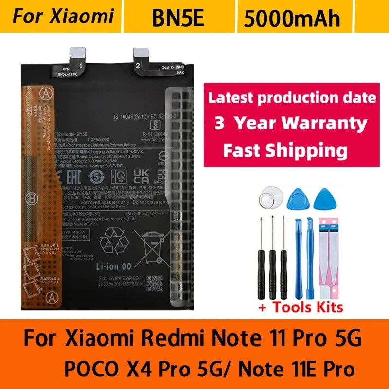 NEW BN5E Battery 5000mAh For Xiaomi POCO X4 PRO/Redmi Note 11 Pro/11E Pro 5G Phone Batteries Bateria Batterij+Tools