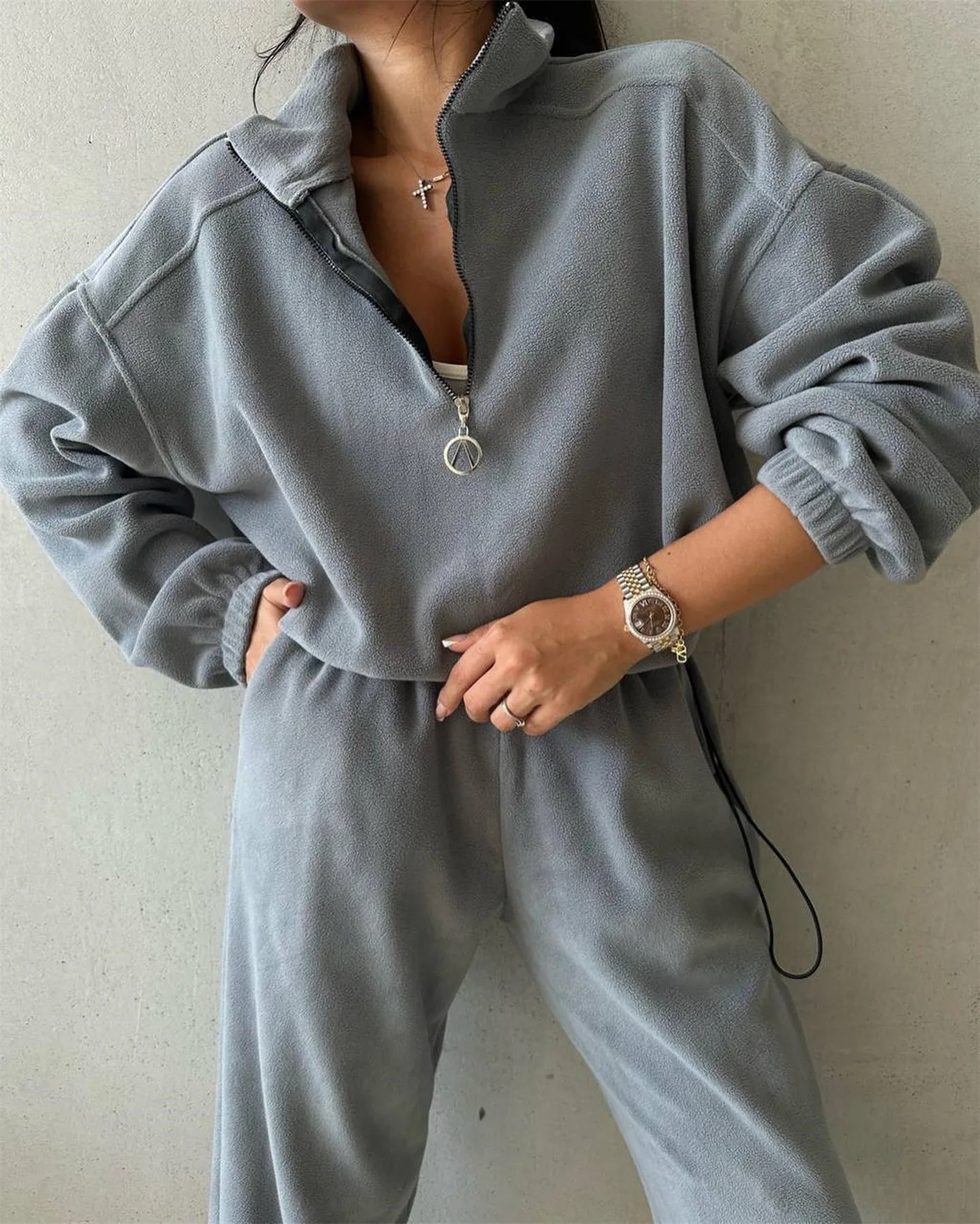 Women Tracksuit Polar Fleece Two Pieces Set Polo Neck Hoodies Pencil Pants Pullover Zipper Solid Color Pockets Elastic Waist