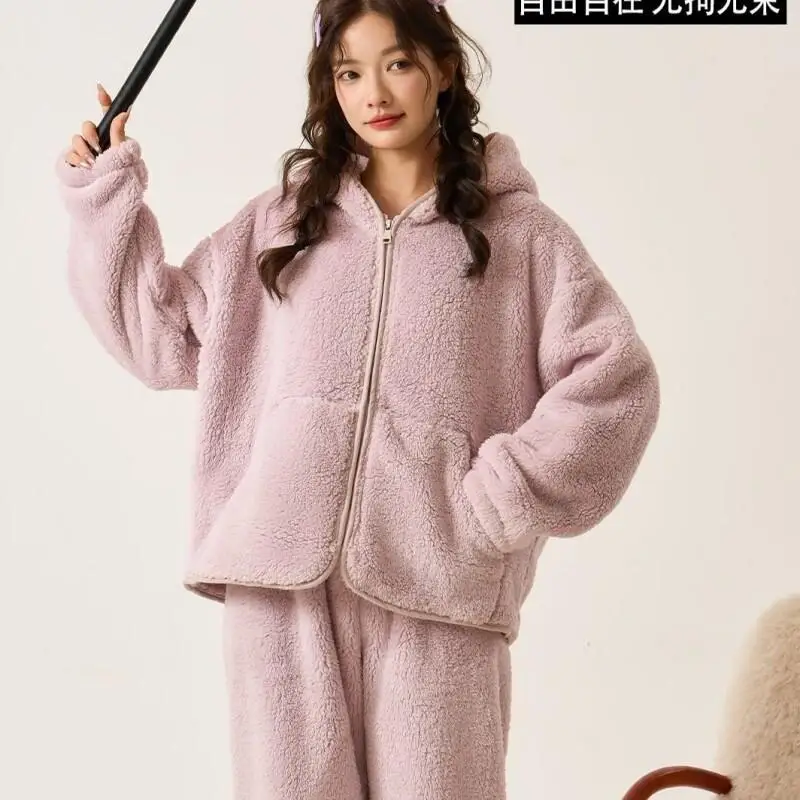

Новая модель, женский пижамный костюм, утепленная удобная одежда для сна с капюшоном, зимняя однотонная пижама, домашняя одежда, сохраняющий тепло, пижамный комплект