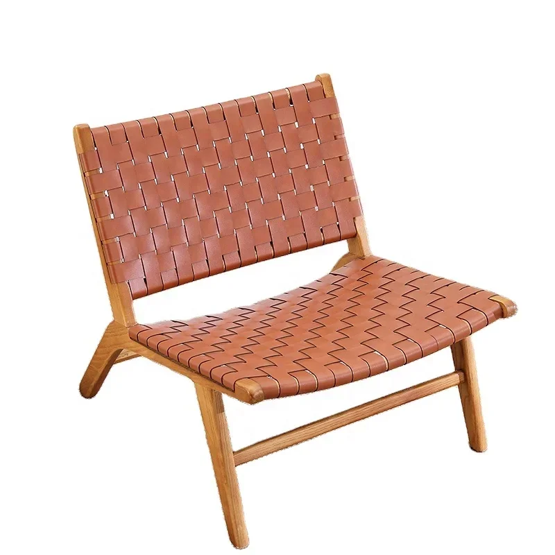 Hot Selling Stock Fast Delivery Knock Down Vintage Danish Tan Wood Woven Leather Strap Living Room Leisure Lounge Chair