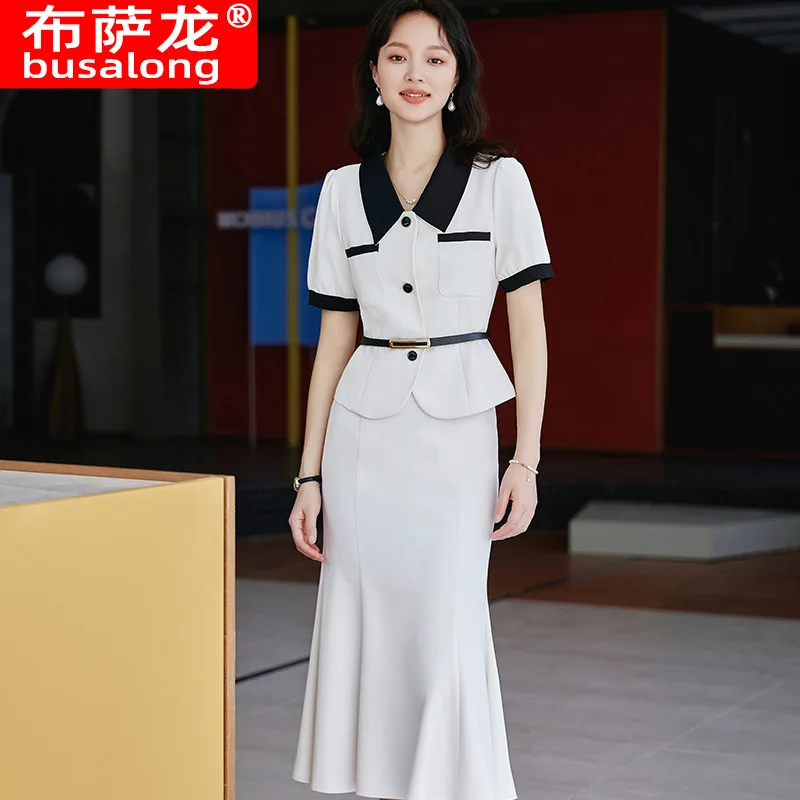 

White Professional Commute Suit Women's Summer Thin High-Grade Temperament Goddess Style Fashionable Fishtail Skirt Two-Piece Su