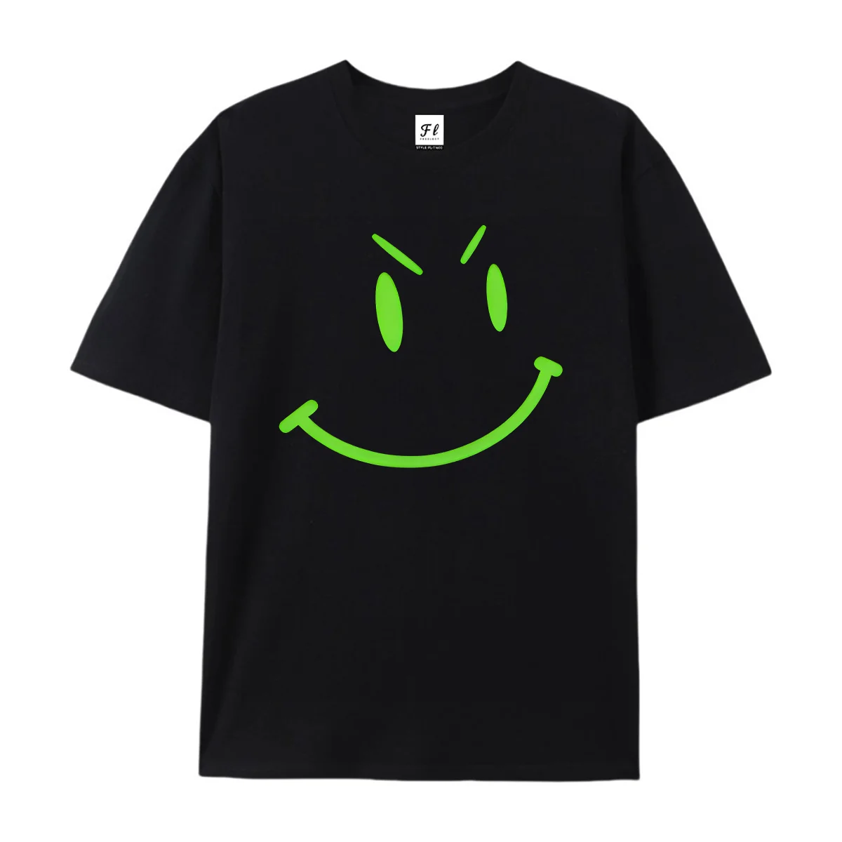 Neon Green Naughty Smiley Face Graphic T Shirt Unisex Casual Short Sleeve Tee Simple Evil Smile Line Print Loose Summer Tops