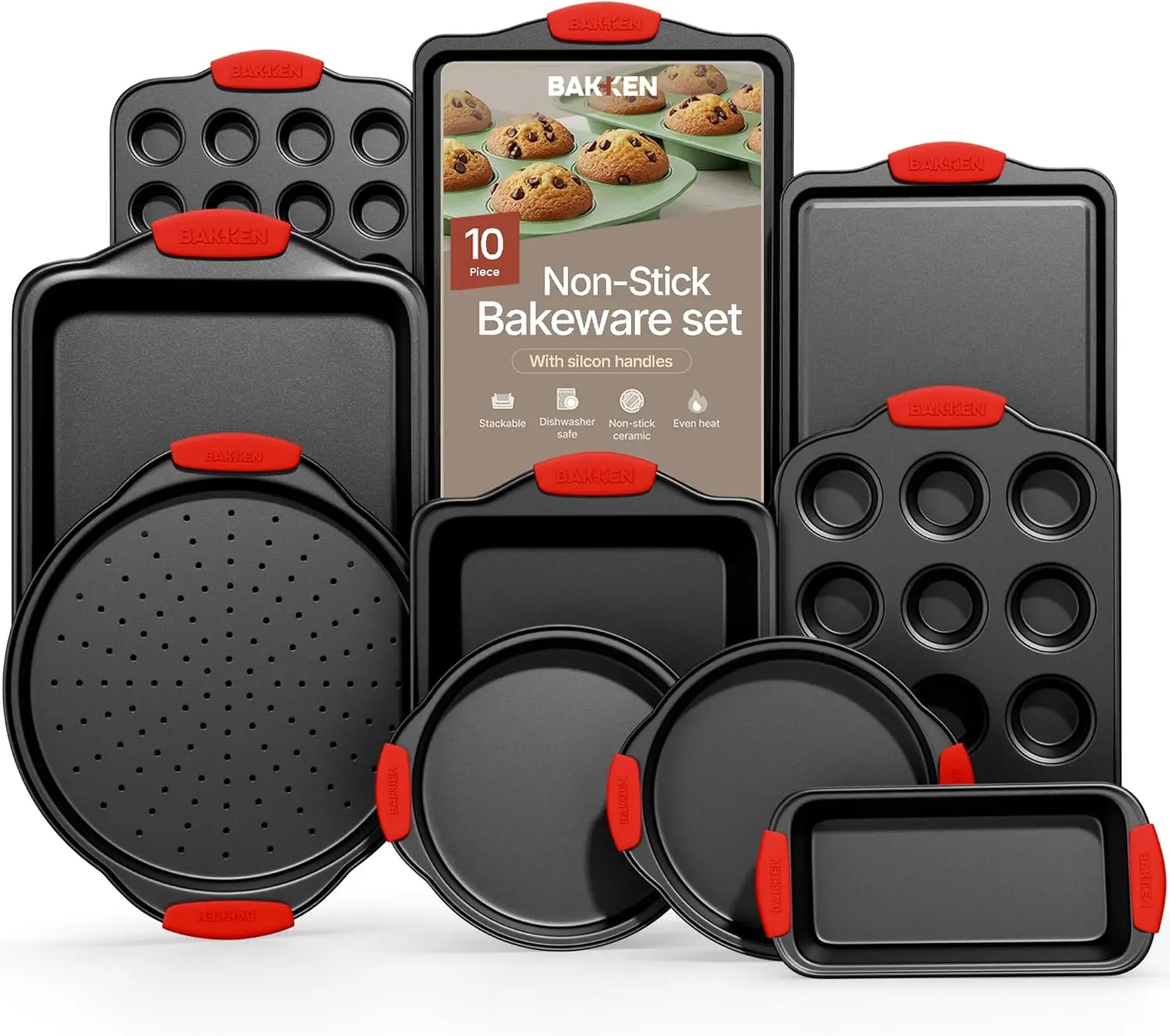 

Baking Set – 10 Piece Kitchen Oven Bakeware Set – Deluxe Non-Stick Blue Coating Inside and Outside – Carbon Steel – Red Silicone