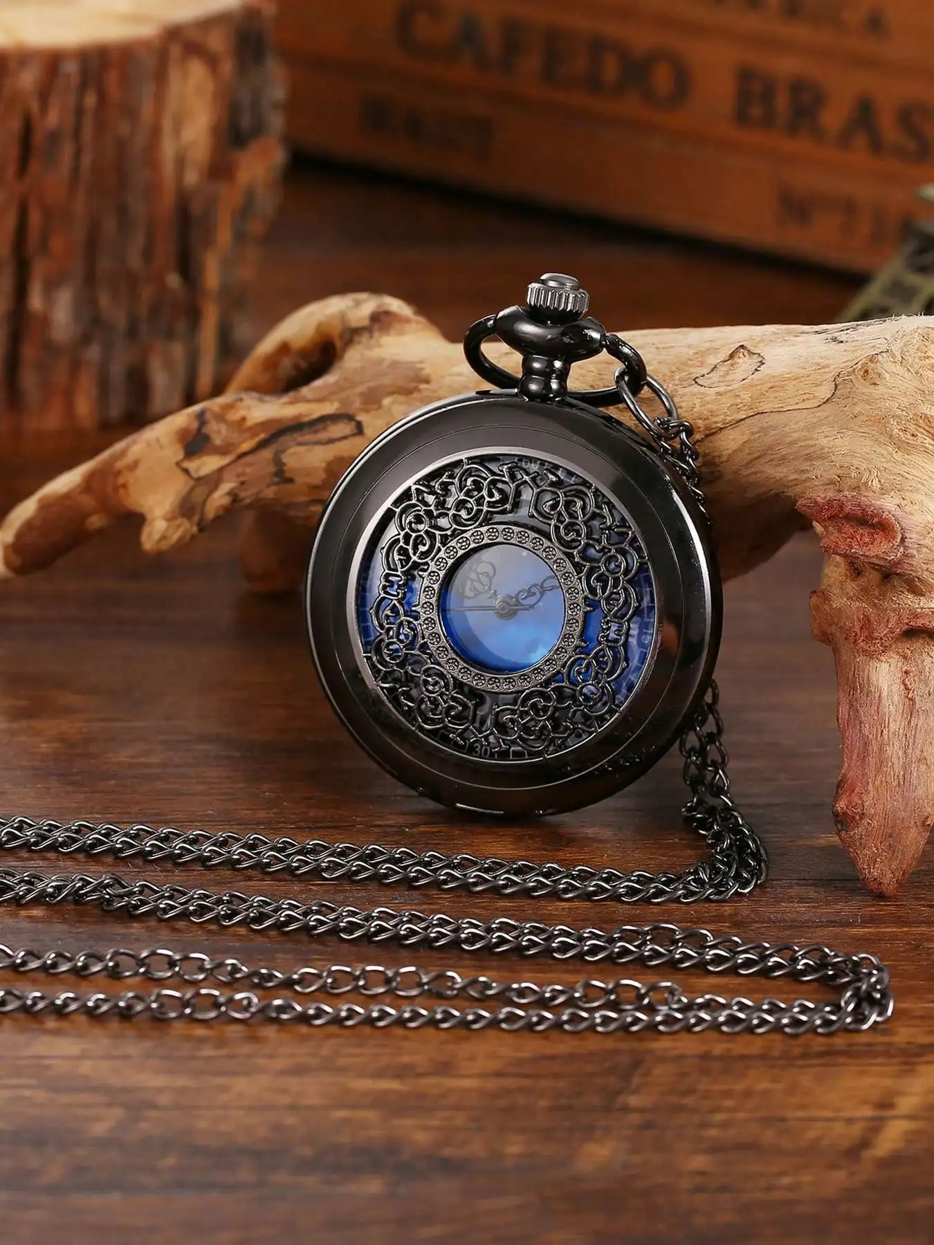 Starry Sky Blue Dial Pendant Bronze Hollow Quartz Pocket Watch, Vintage Wrist Watch With Roman Numerals image 5