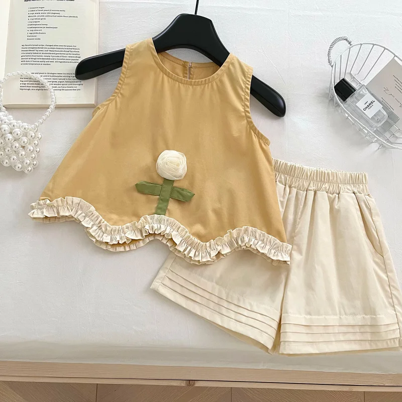 

2025Summer New Girls' Flower Sleeveless Top+Shorts Two-Piece Set Baby Flower Cute Suit