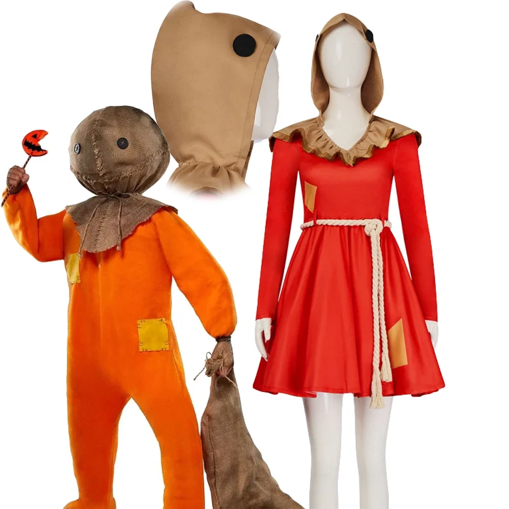 Movie Sam Cosplay Costume Headwear Halloween Trick or Treat Without Sugar Adult Horror Pumpkin Dress Pocket Fancy Dress