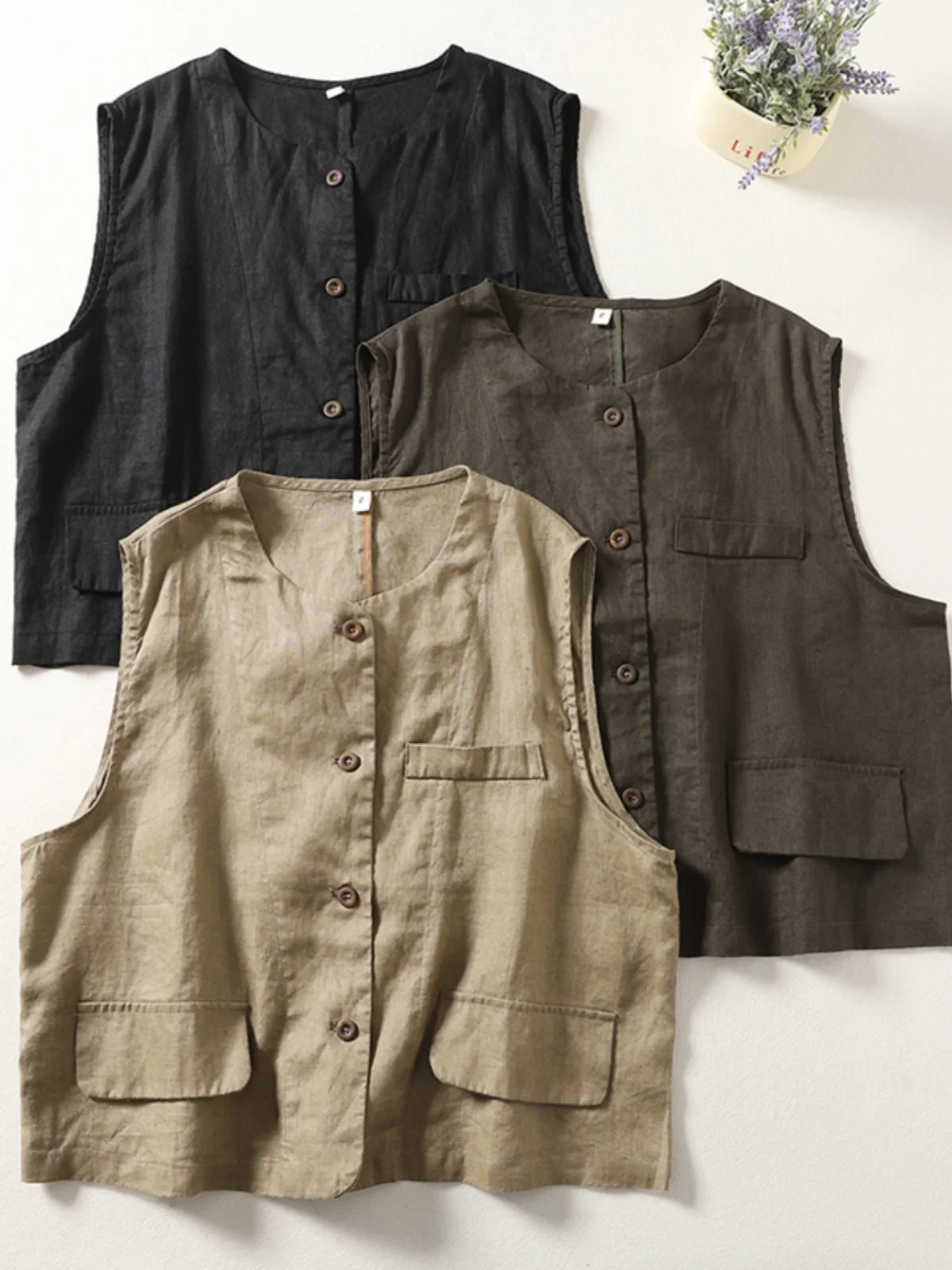 

Loose Cotton Linen Vest Women's Artistic Sle round Ne Svel ortened Jaet Comfortable Breathable Spring