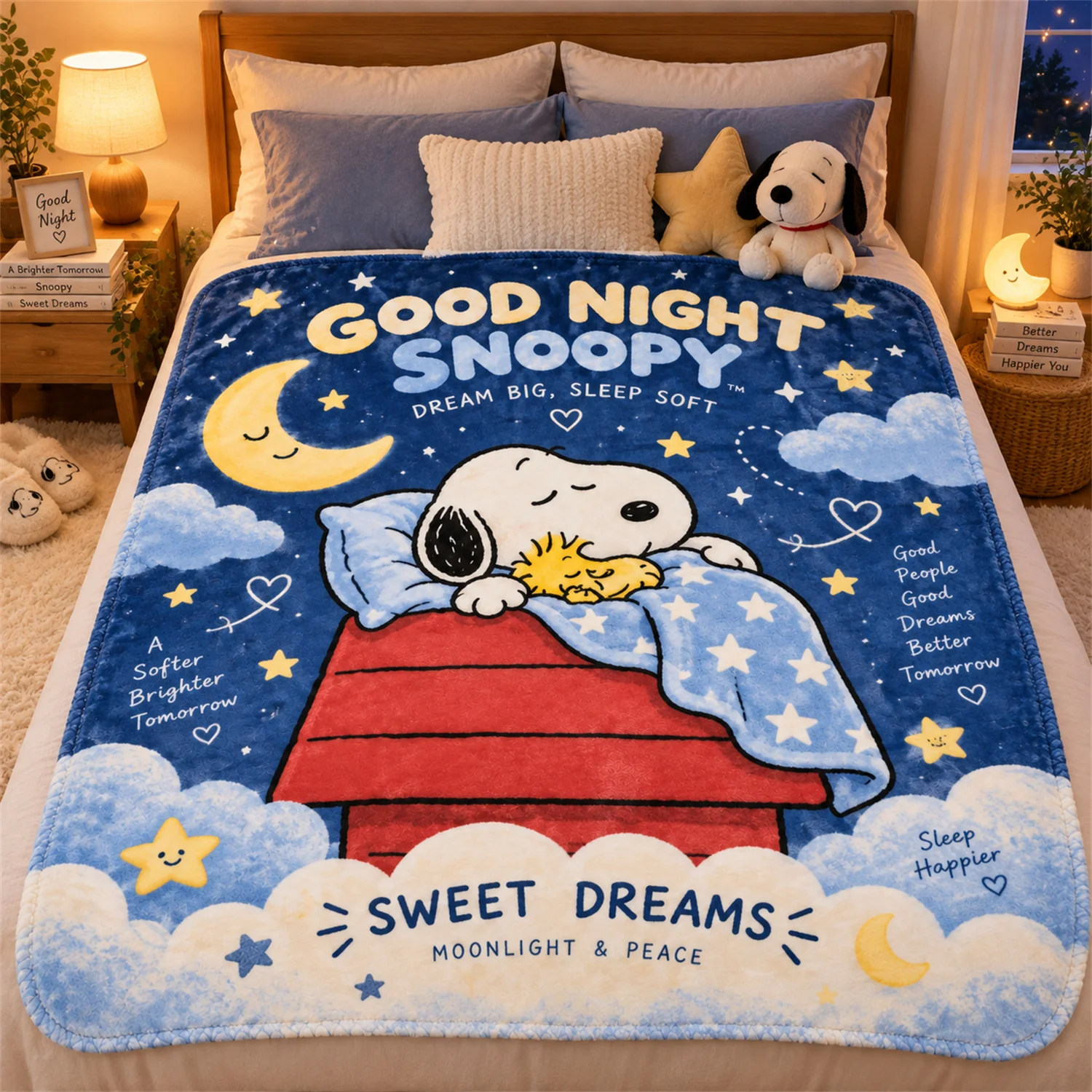 Soft Flannel Blanket Good Night Snoopy Starry Night Print Throw Blanket for Couch Bedroom Office Cover Blanket Home Daily Use