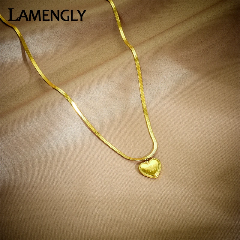 LAMENGLY 316L Stainless Steel Large Heart LOVE Lettering Pendant Necklace For Women New Girls Flat Snake Chain Jewelry Gifts