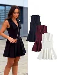 HH Women Mini Dress Sexy V-Neck Sleeveless Pleated Dress Female Summer Fashion Zipper Short Dress Slim Party Dress Mujer