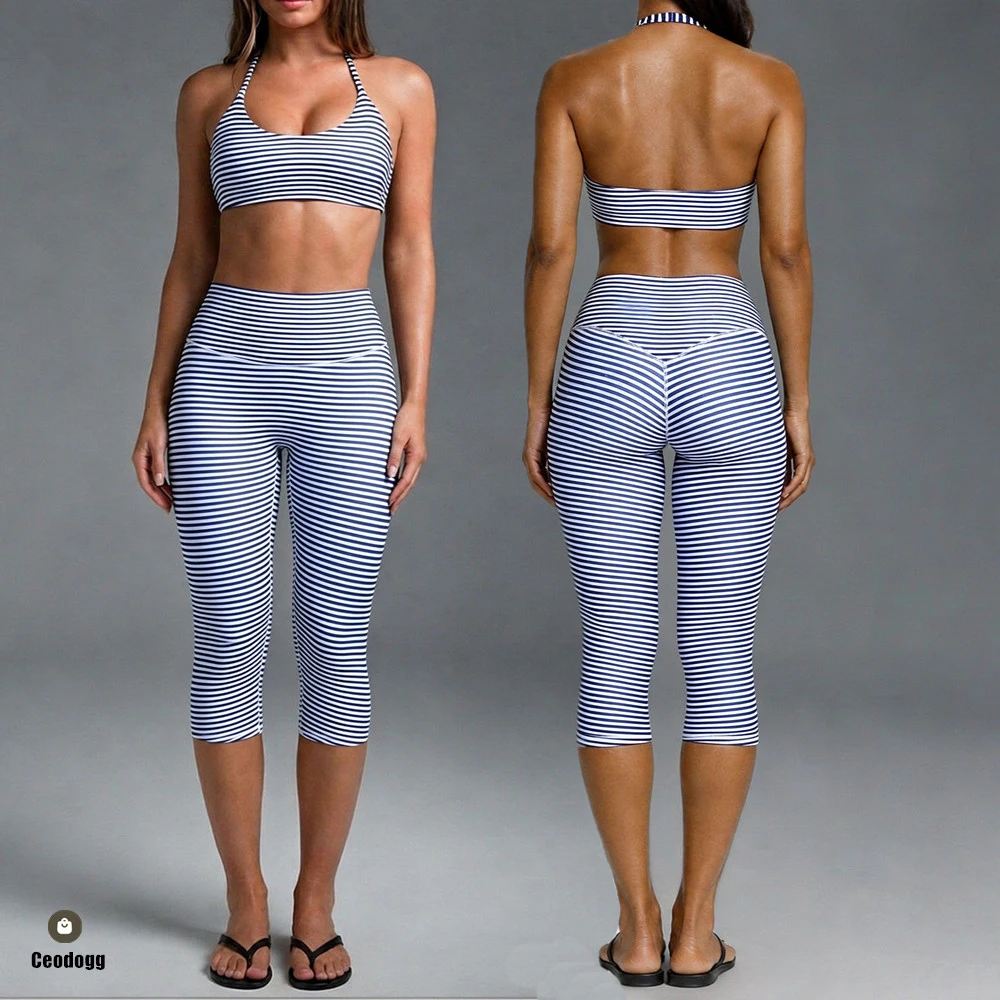 Stripe Yoga Sets Women's Halter Sports Bra High Waist Capris Pants Gym Running Fitness Legging Tracksuit Active Wear XP369