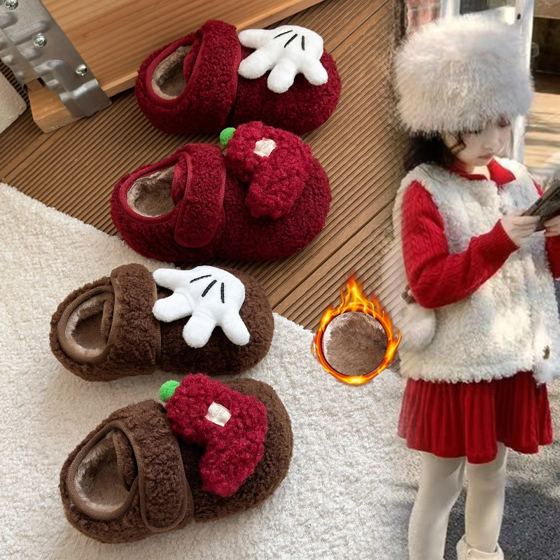

2025 Winter New Children Casual Cotton Shoes for Girls Fashion Korean Style Soft Bottom Anti-slippery Versatile Red Plush Shoes