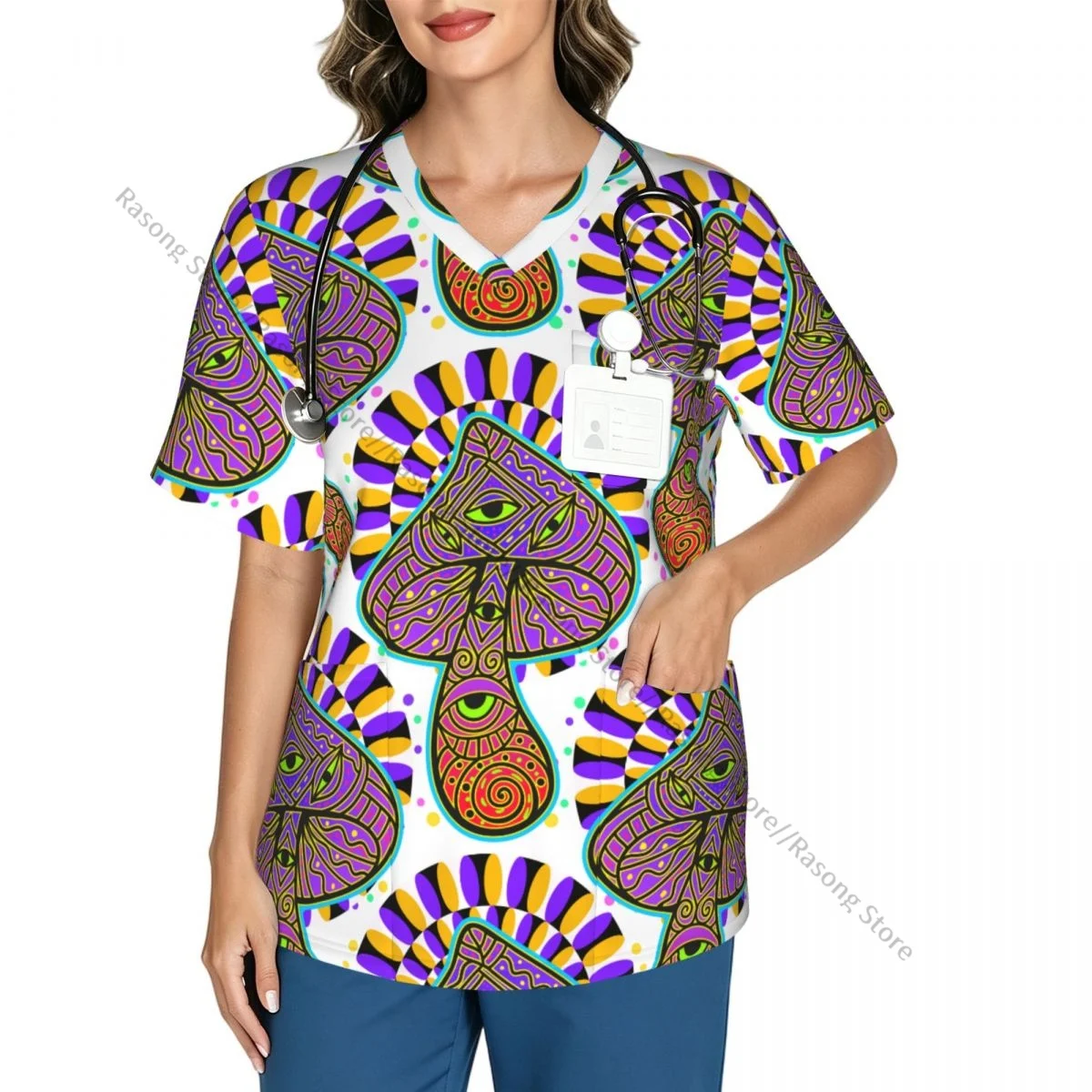 Women's Scrub Tops Short Sleeve Workwear Shirts Fitness Nursing Uniform Magic Mushrooms 60s 70s Pullover Doctor Nursing Shirt