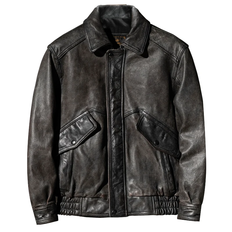 Men's Genuine Cowhide Leather Flight Jacket Charcoal Grey Distressed Waxed Zip Front With Large Slant Flap Pockets Rib Hem Retro