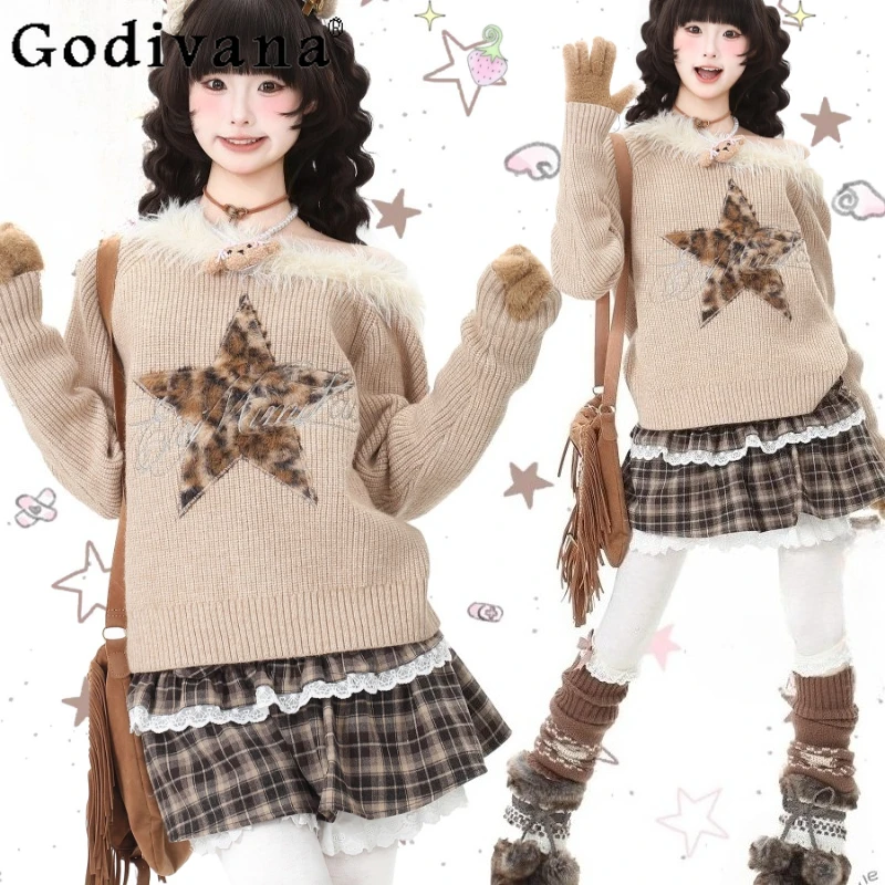 

Plush Off Shoulder Knitted Sweater for Women Star Embroidery Autumn Lolita Jumpers Female Japanese Style Knit Pullovers