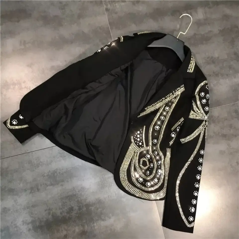 レディースブレザー、メタルスパンコールホットスタンピング、ヘビーリベット、スリムフィット、長袖、柄入りトップ、レディーススーツジャケット