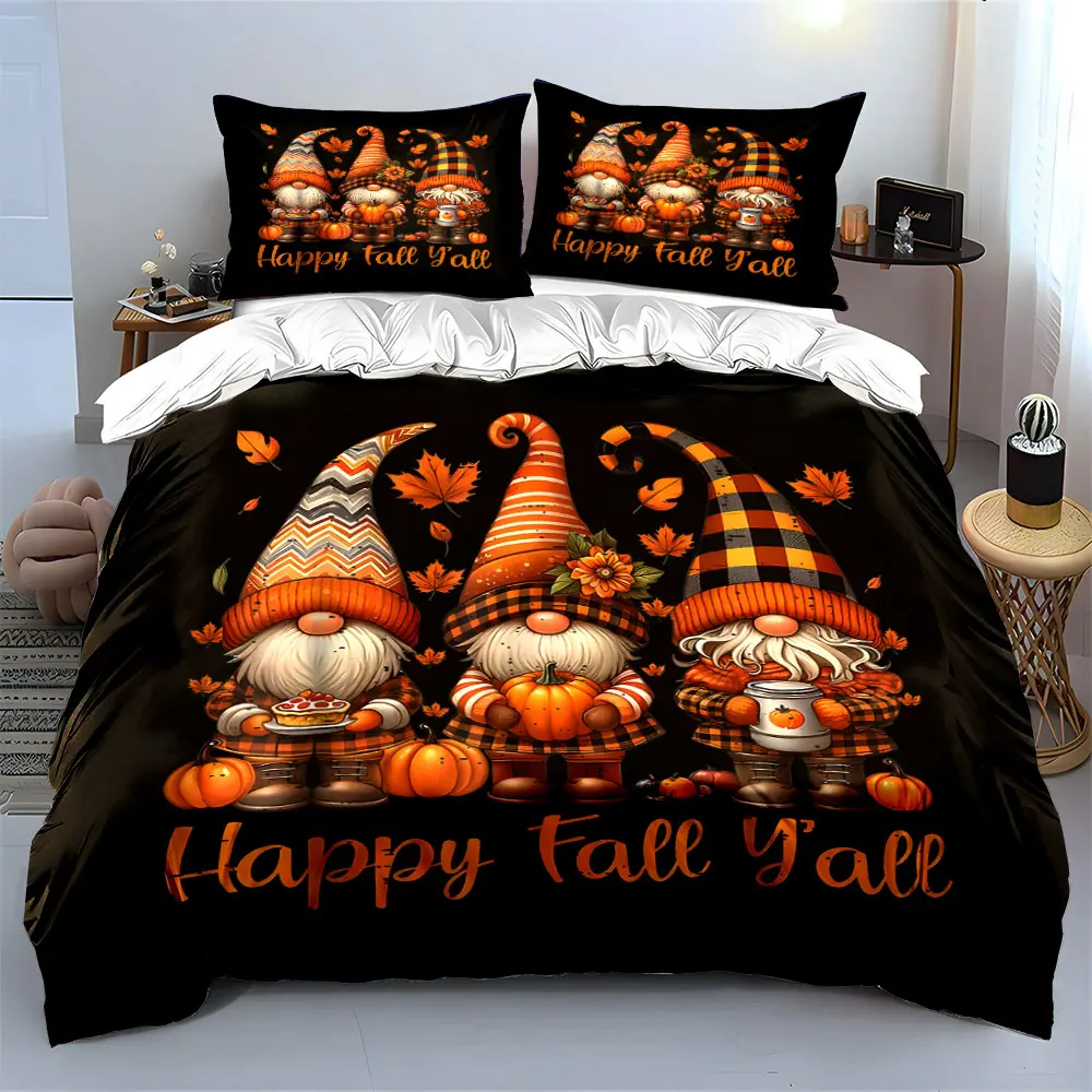Autumn Gnome Trio Decoration Set Soft Skin-Friendly Bedding Set Includes 1 Duvet Cover And 2 Pillowcase, Gift