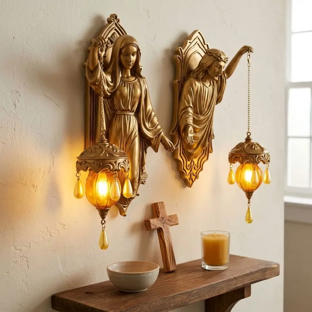 Vintage Religious Figure Led Wall Lamp Resin Crystal Pendant Christ Themed Lamp Fade Resistant Church Style Hanging Lantern