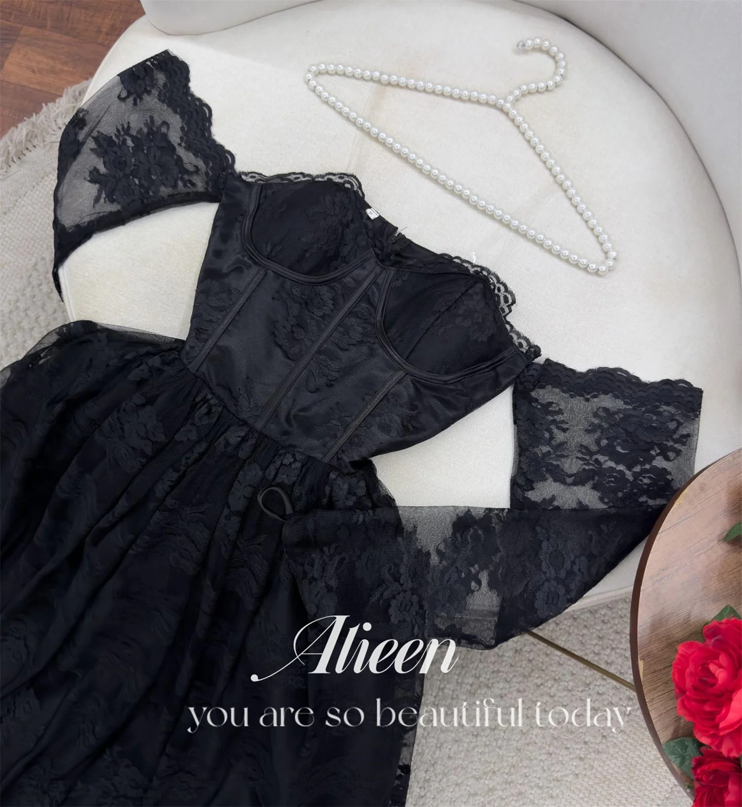 Aileen Sweetheart Long Sleeves Lace Black Wedding Dress Elegant Evening Dresses for Women Luxury Party Woman Prom Customized