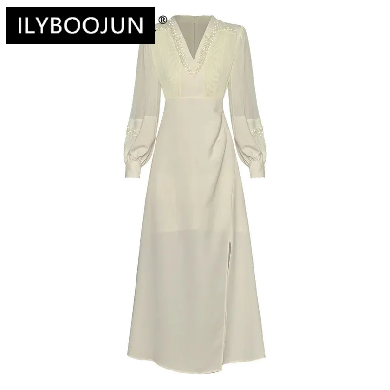 

ILYBOOJUN 2024 Summer Fashion Runway Women Dress 3D Beading V Neck Long Sleeves High Waist Side Slit Temperament Midi Dress