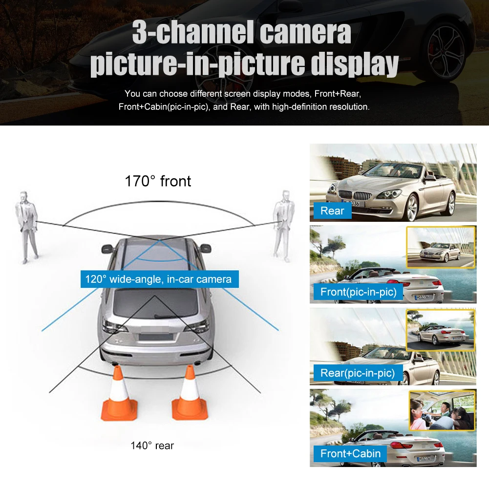 4 Inch Touch Screen Car DVR 1080P Dash Cam 3 Channel Front Inside Rear Camera Recorder Night Vision Loop Recording G-Sensor