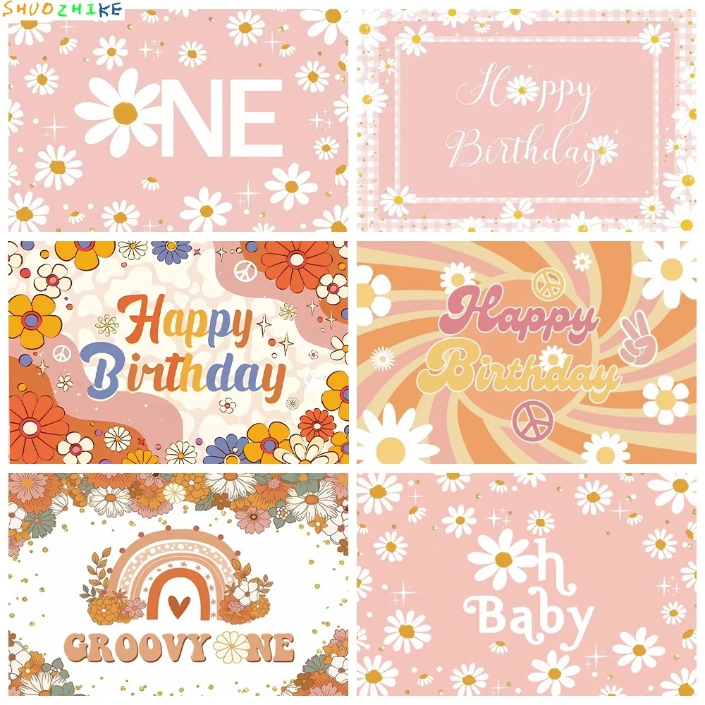 

Daisy Birthday Decoration Photography Background Boho Girl One Year Old Birthday Colorful Daisy Rainbow Baby Shower Backdrop