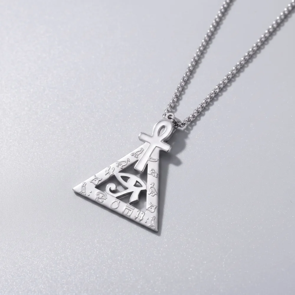 Stainless Steel Egyptian Pyramid Ankh Cross Pendant Necklace Horus Eye Hieroglyphs Engraved Box Chain Unisex Retro Egypt Symbol