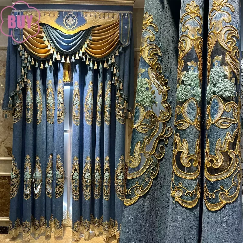 

Customized Blue Chenille Embroidered Window Screen Hollowed Out Curtains for Living Room Bedroom French Window Balcony Villa