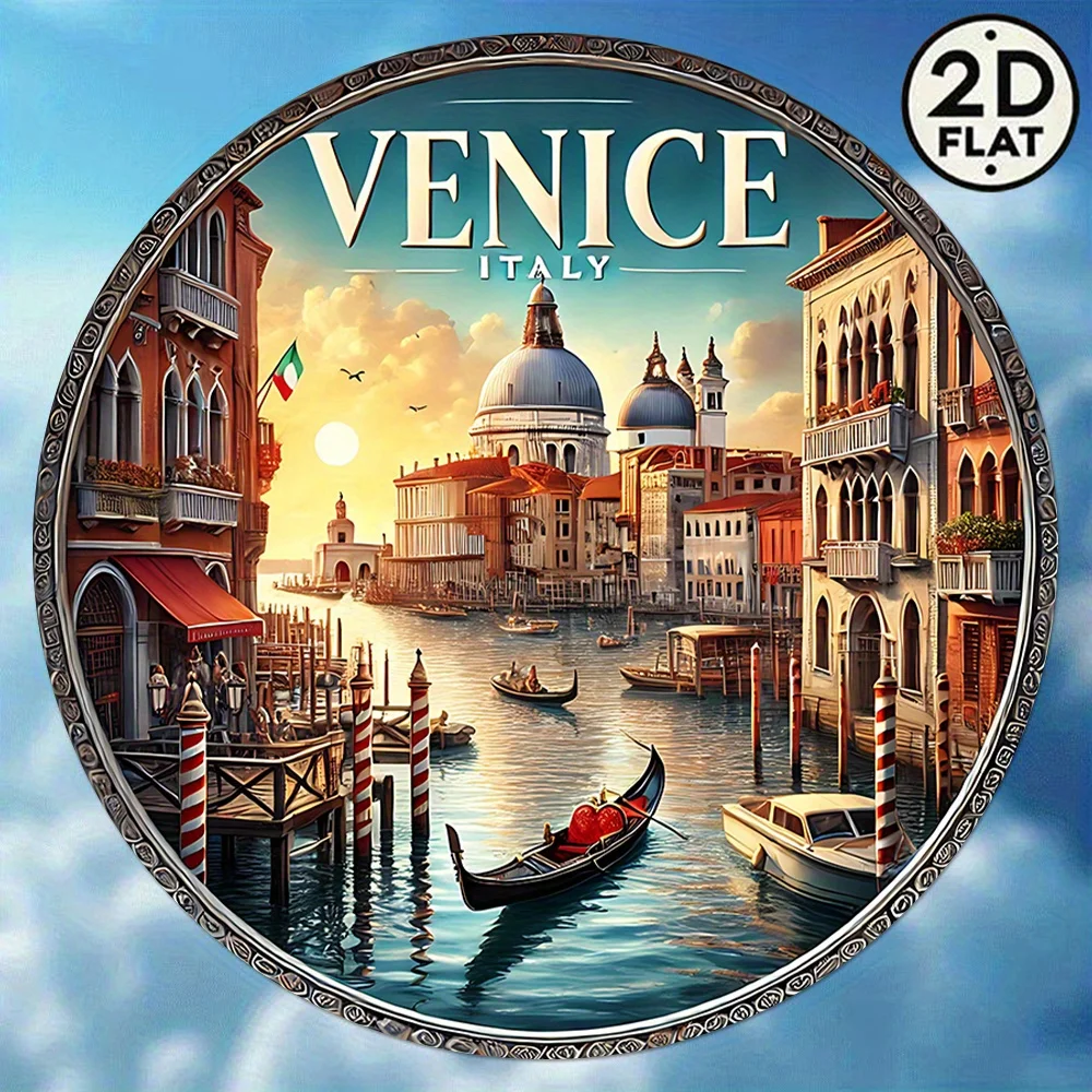 2D Flat, 2D Flat 1pc Round Venice Italy Vintage Metal Wall Art - 8x8 Tin Sign with Scenic Water Cityscape, Gondolas & Canal Hous