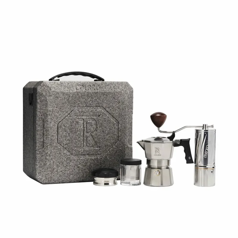 Portable Camping Moka Pot Coffee Gift Set with EPP Case Manual Grinder Bean Canister and Heat Diffuser Plate