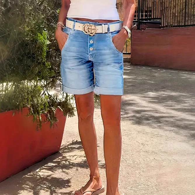 Summer Women's Elastic High-Waisted Jeans Shorts Retro Button Denim Rolled Hem Mid-Length Pants view 4